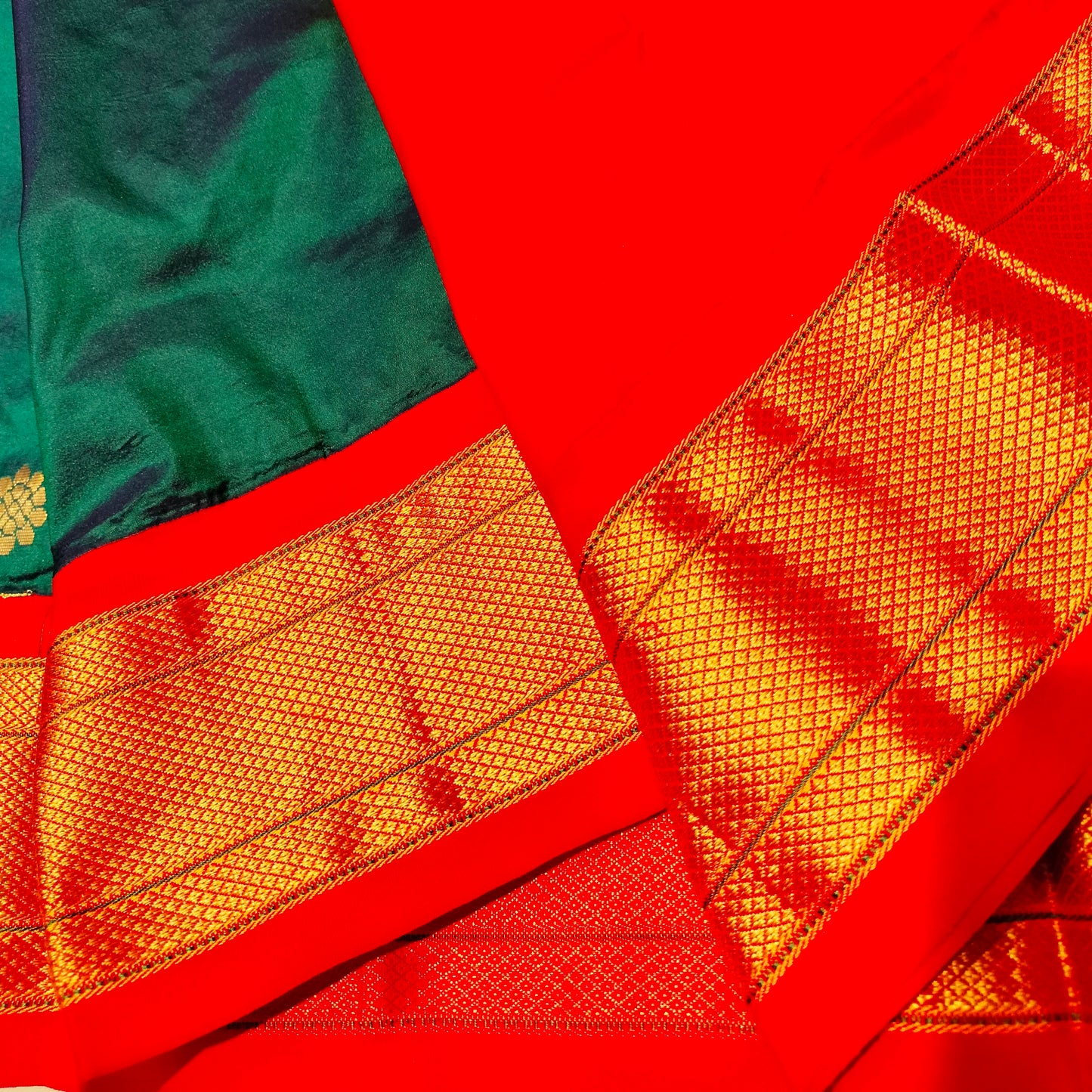 Paithani Pure Silk Bottle Green With Orange Red