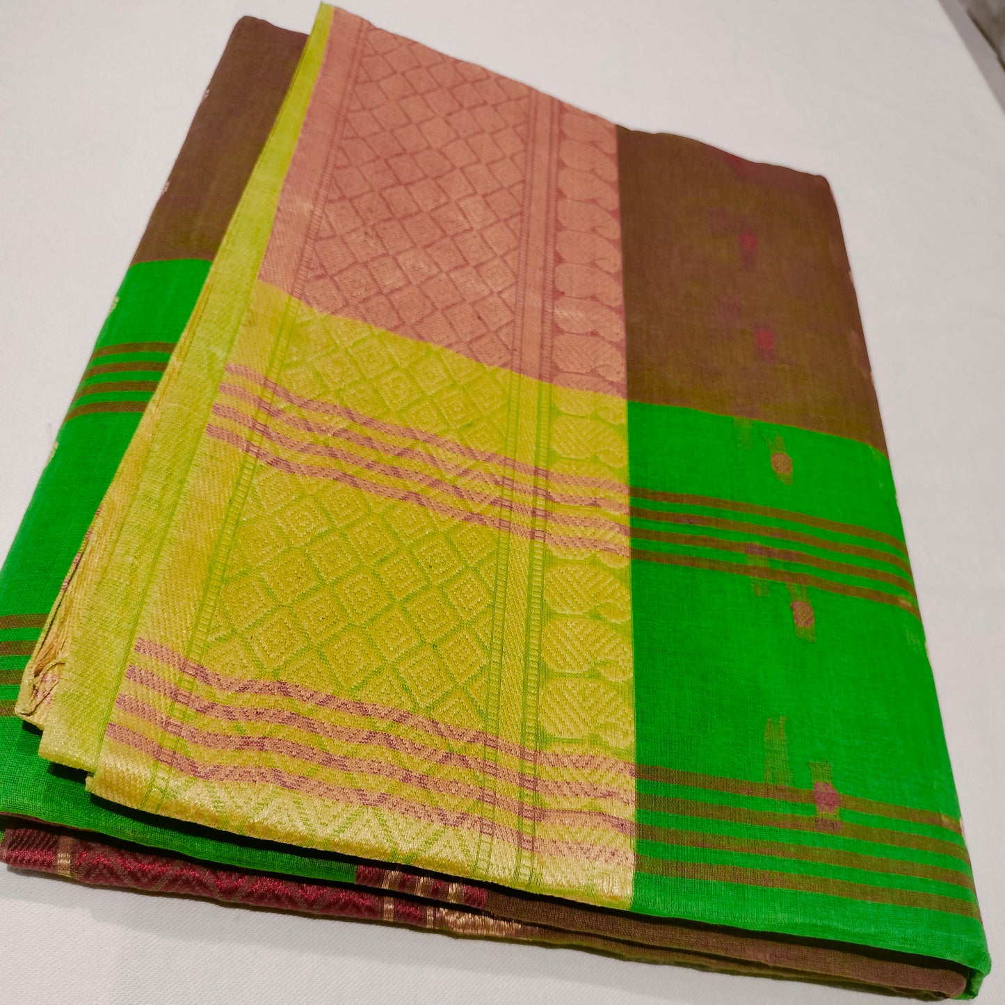 Cotton Handloom Green with Red
