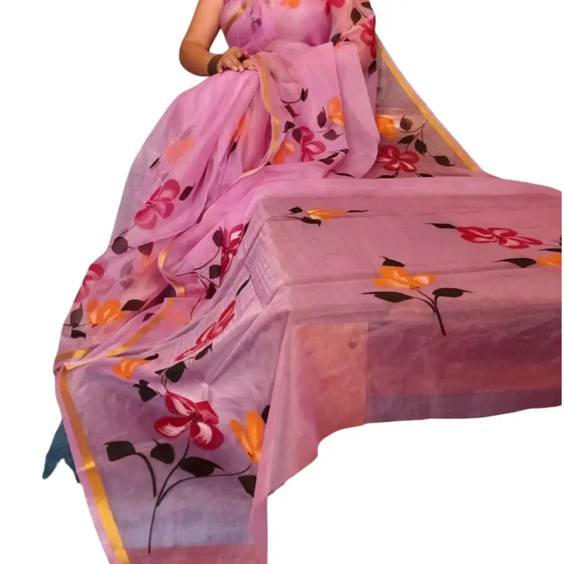 Organza Handblock Print Saree Pink