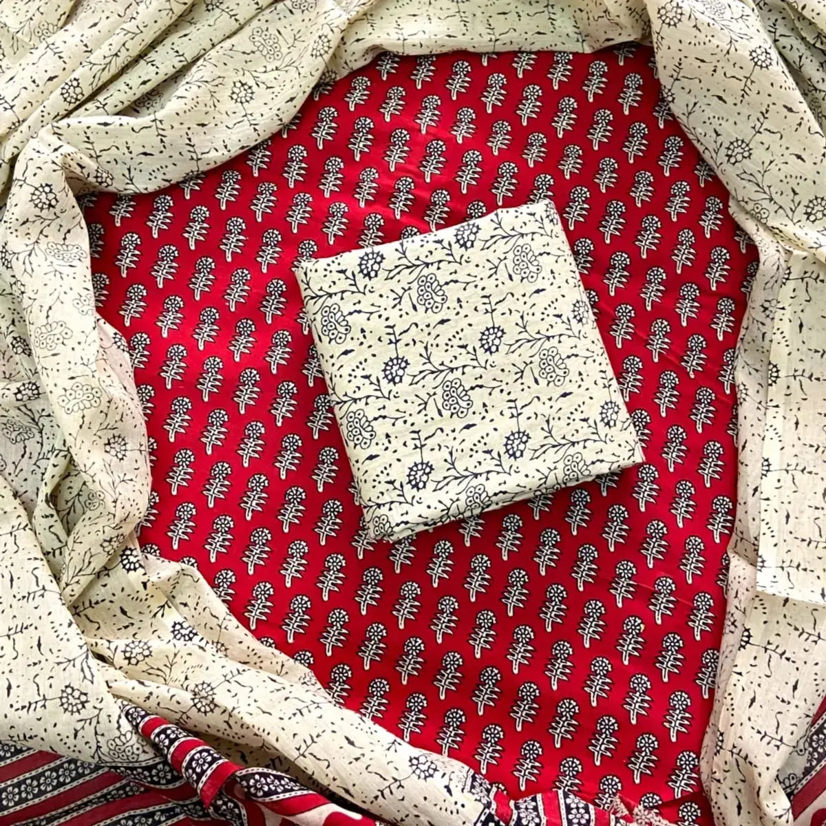 HANDBLOCK PRINT COTTON SUIT MAROON WITH CREAM