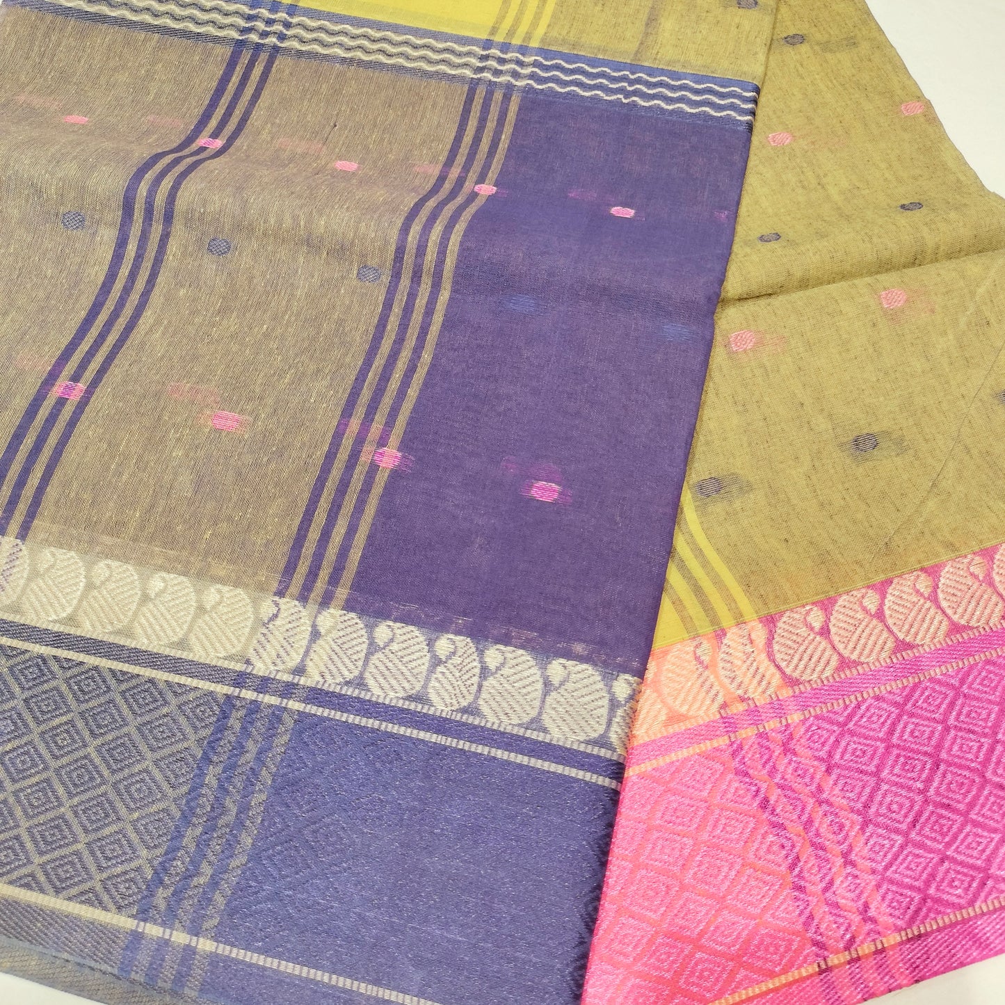Cotton Handloom Saree Yellow With Pink