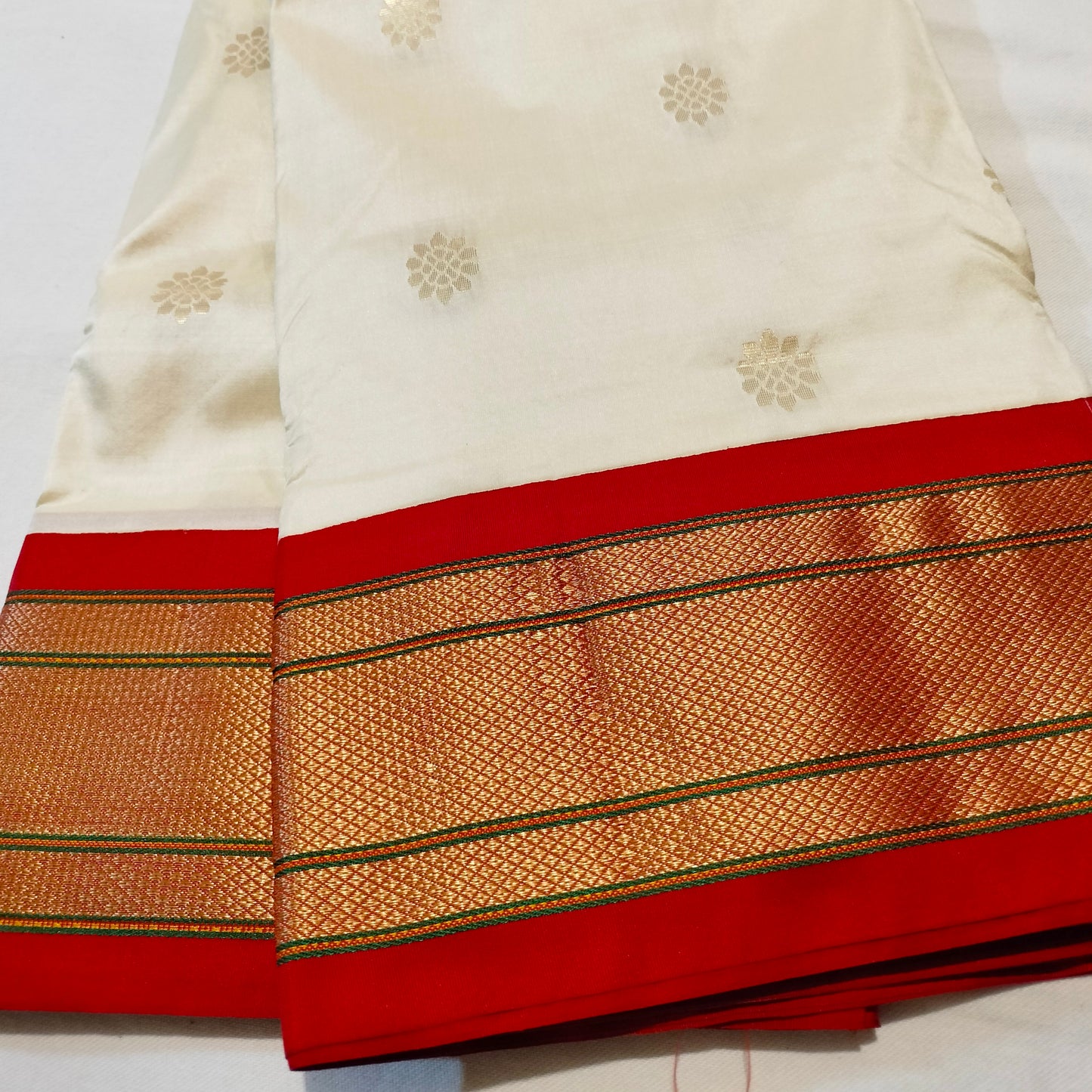 Paithani Pure Silk White With Orange Red
