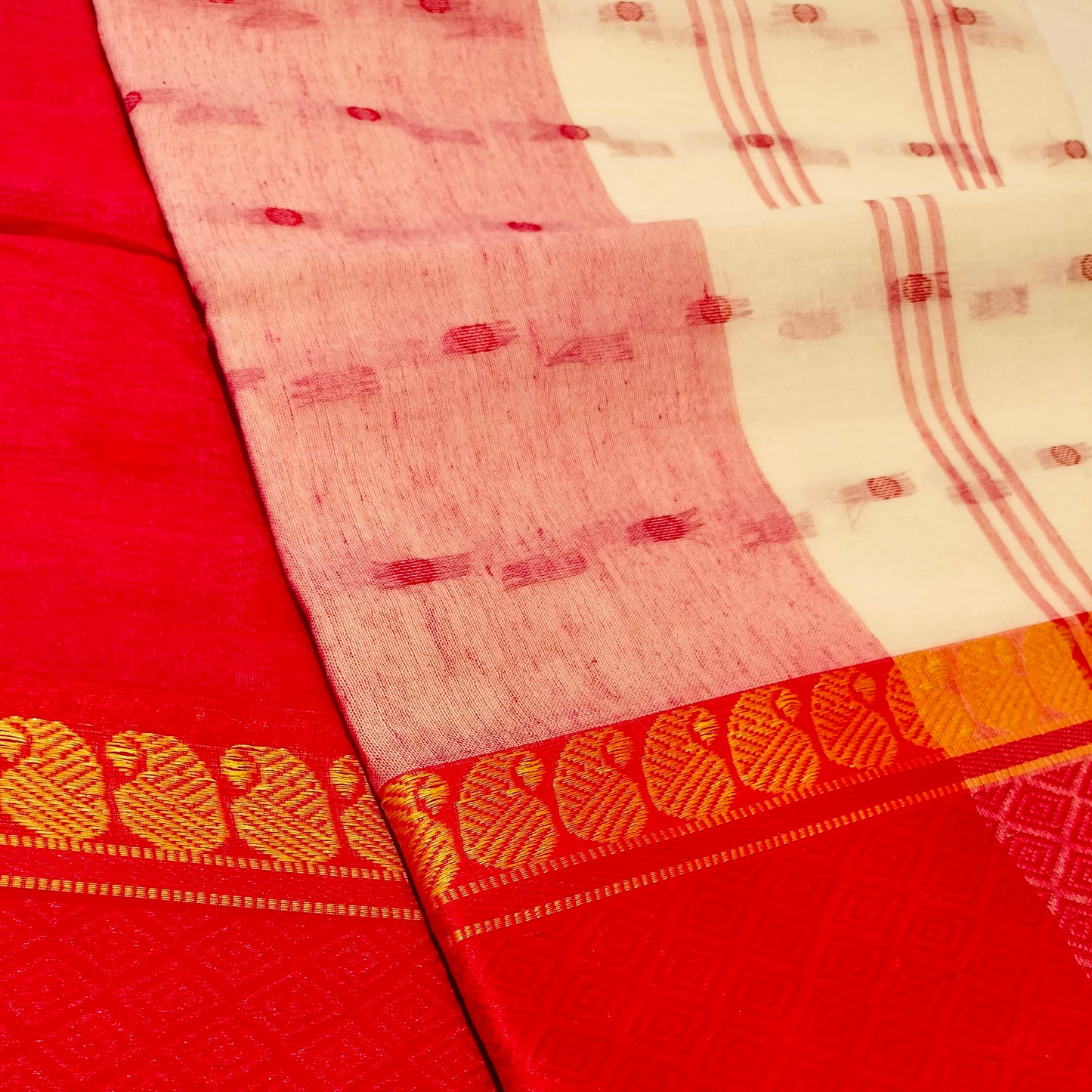 Cotton Handloom White with Red