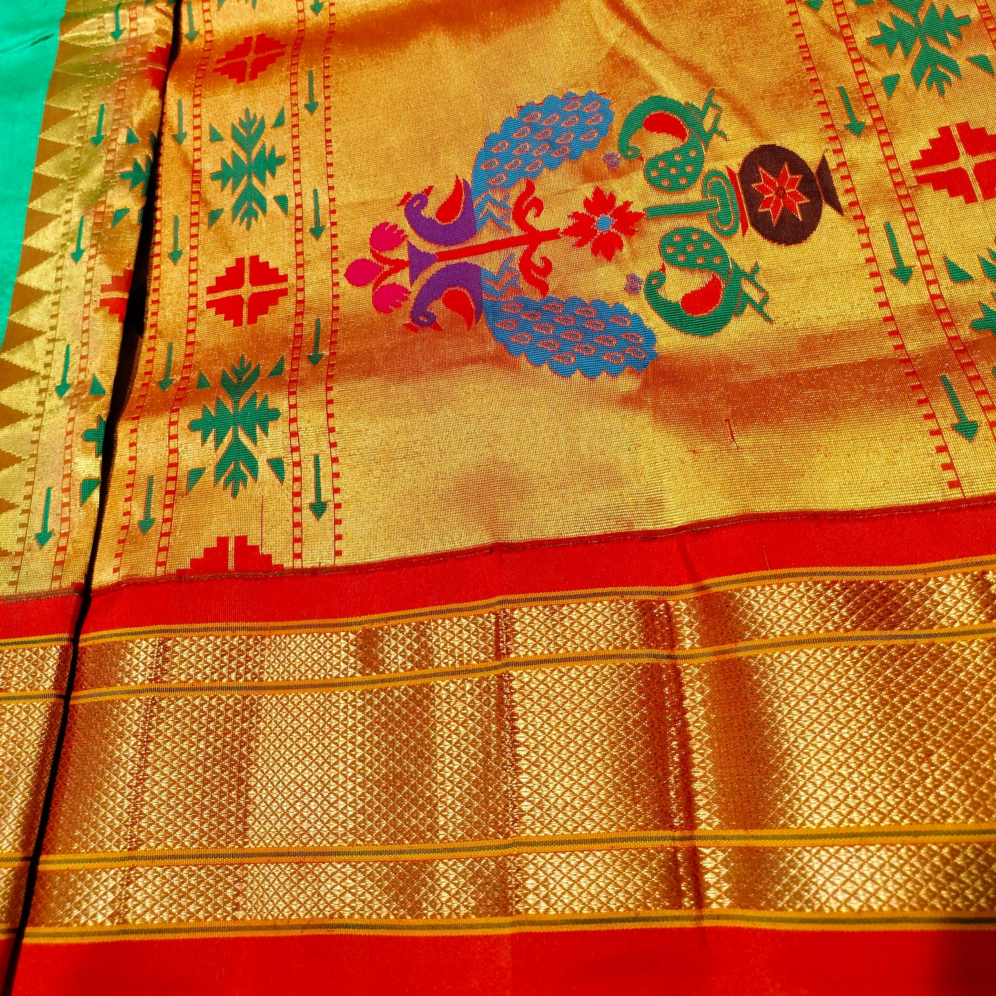 Paithani Pure Silk Green With Orange Red