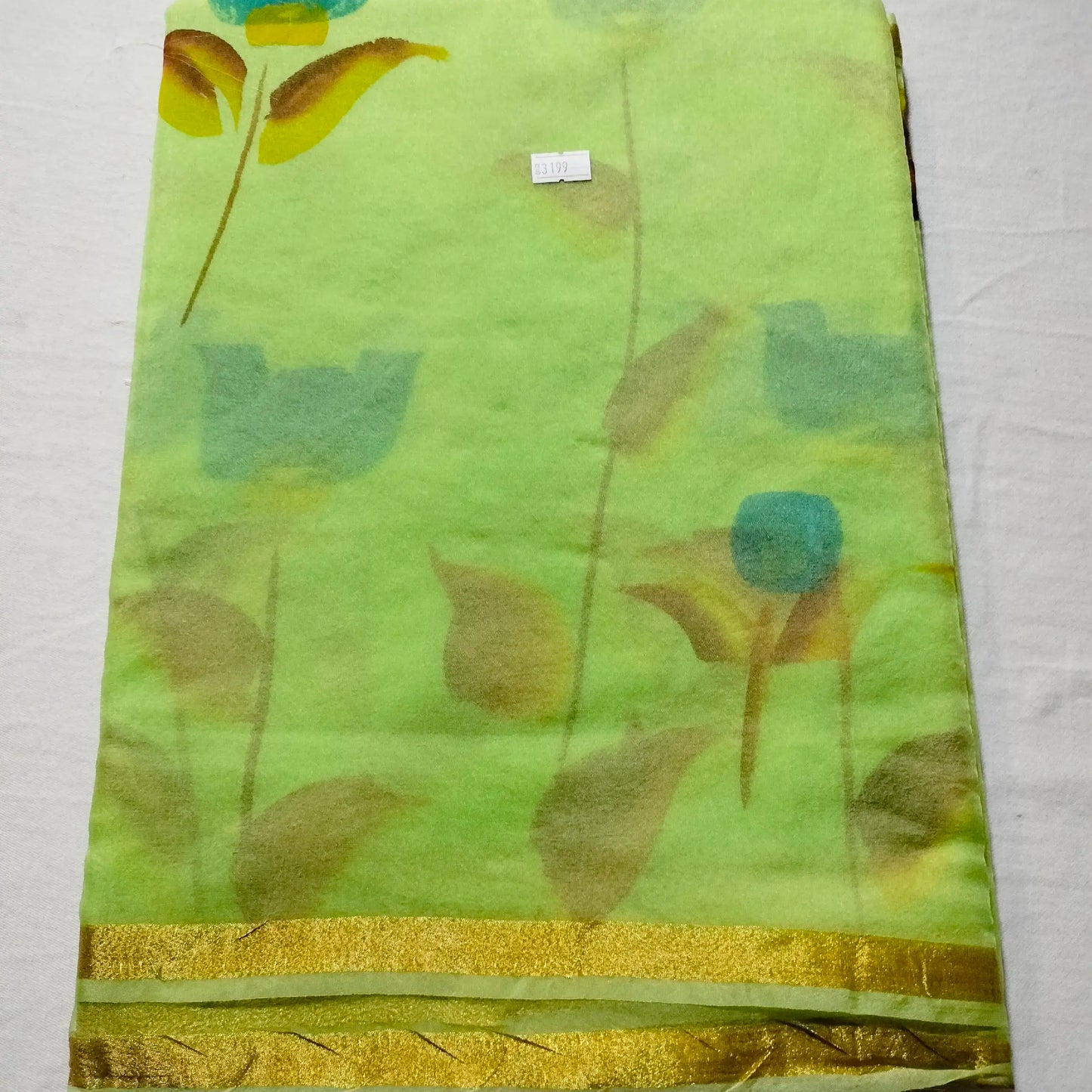 Organza Handblock Print Saree Green