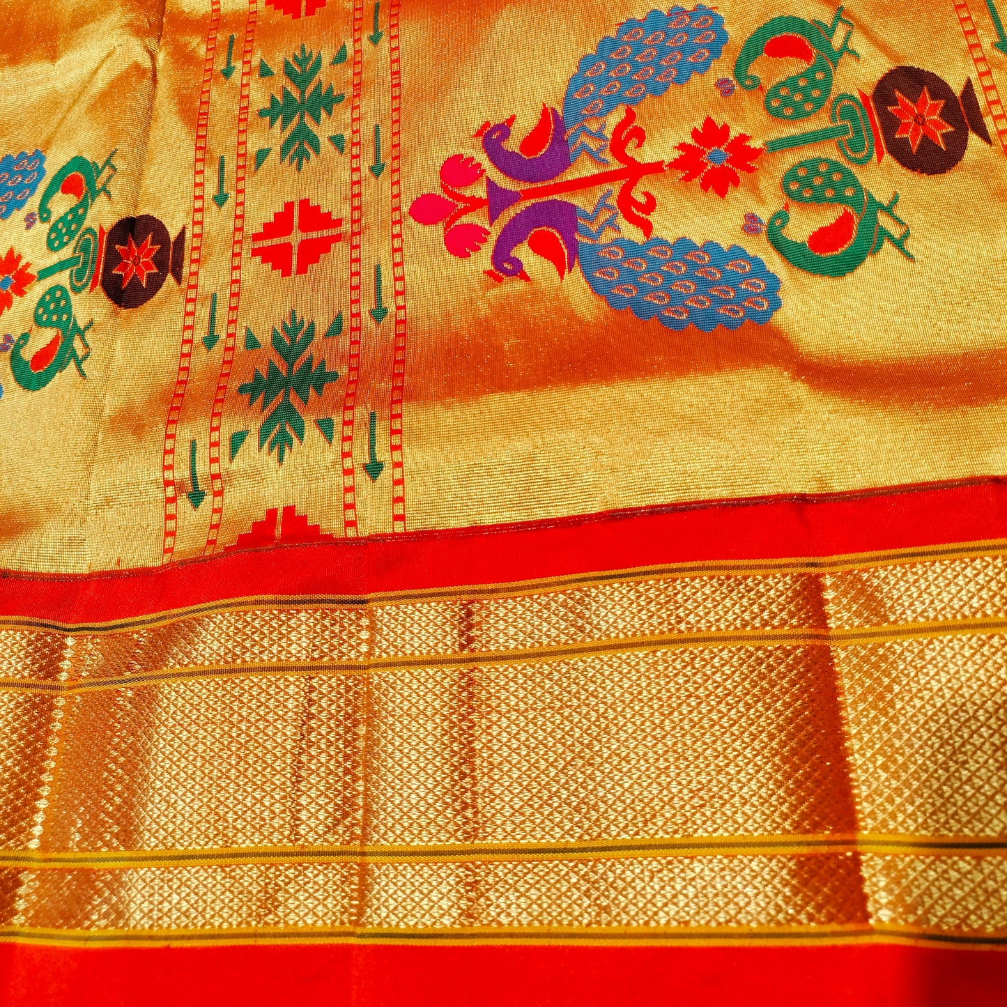Paithani Pure Silk Light Green With Orange Red