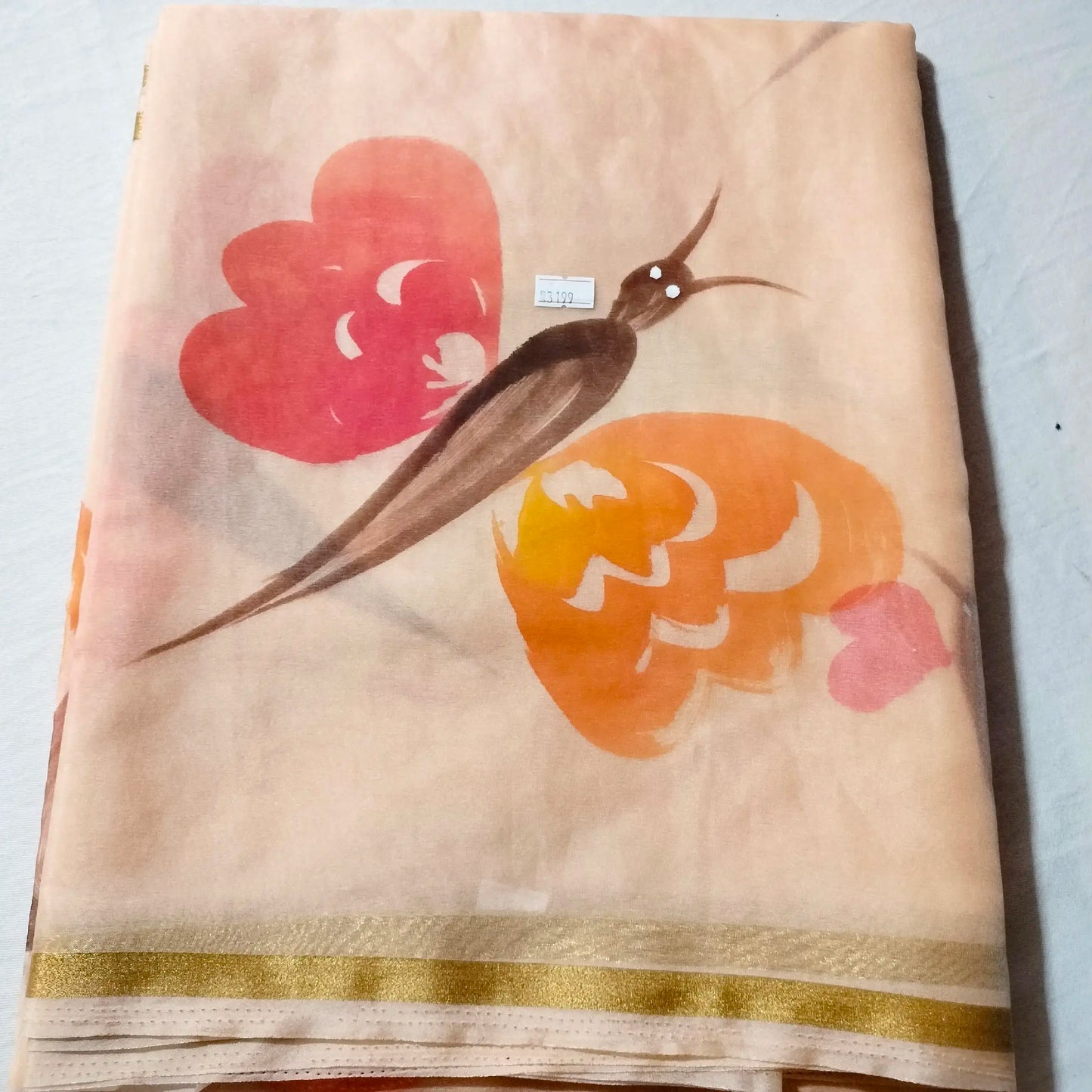 Organza Handblock Print Saree Peach
