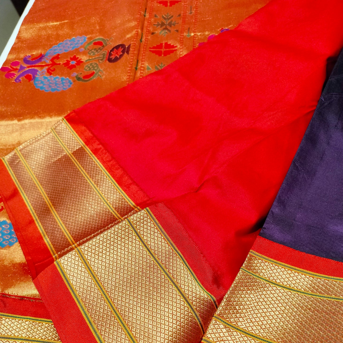 Paithani Pure Silk Purple With Orange Red