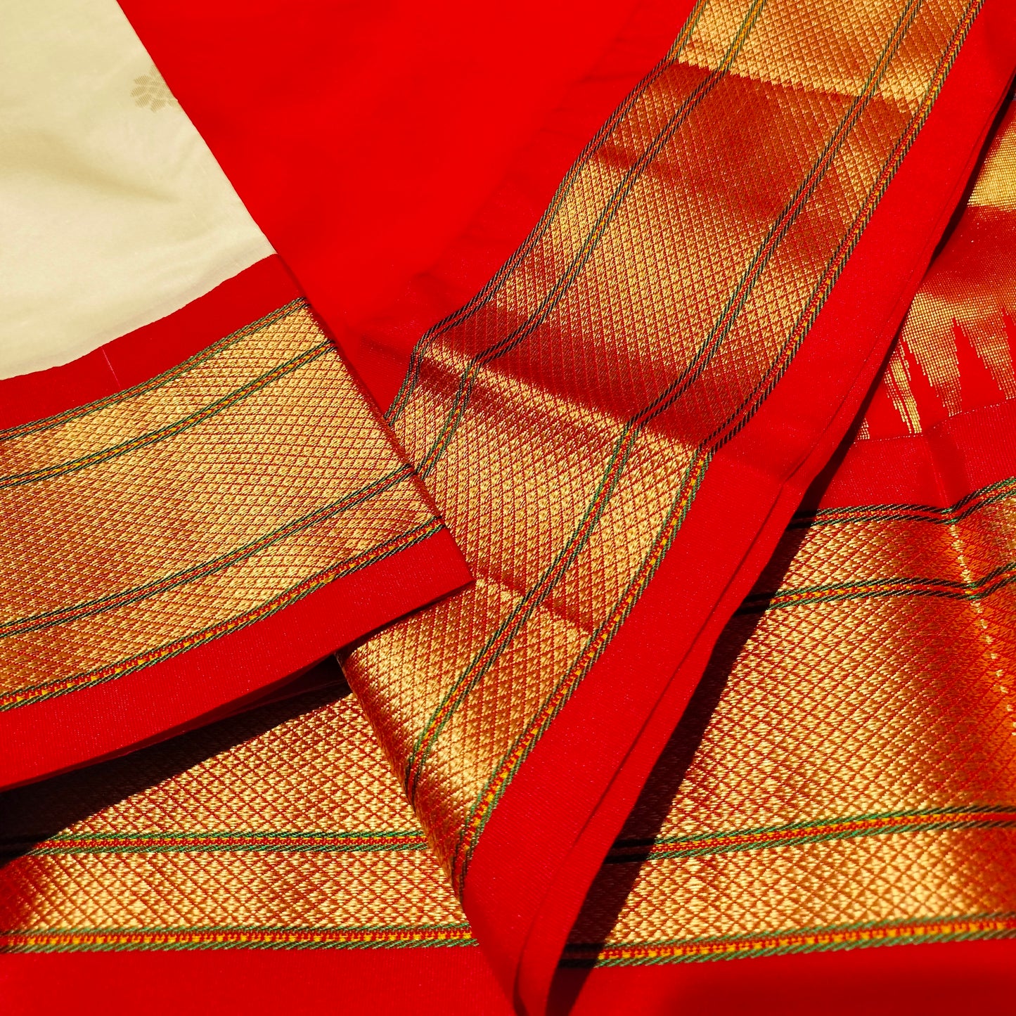 Paithani Pure Silk White With Orange Red