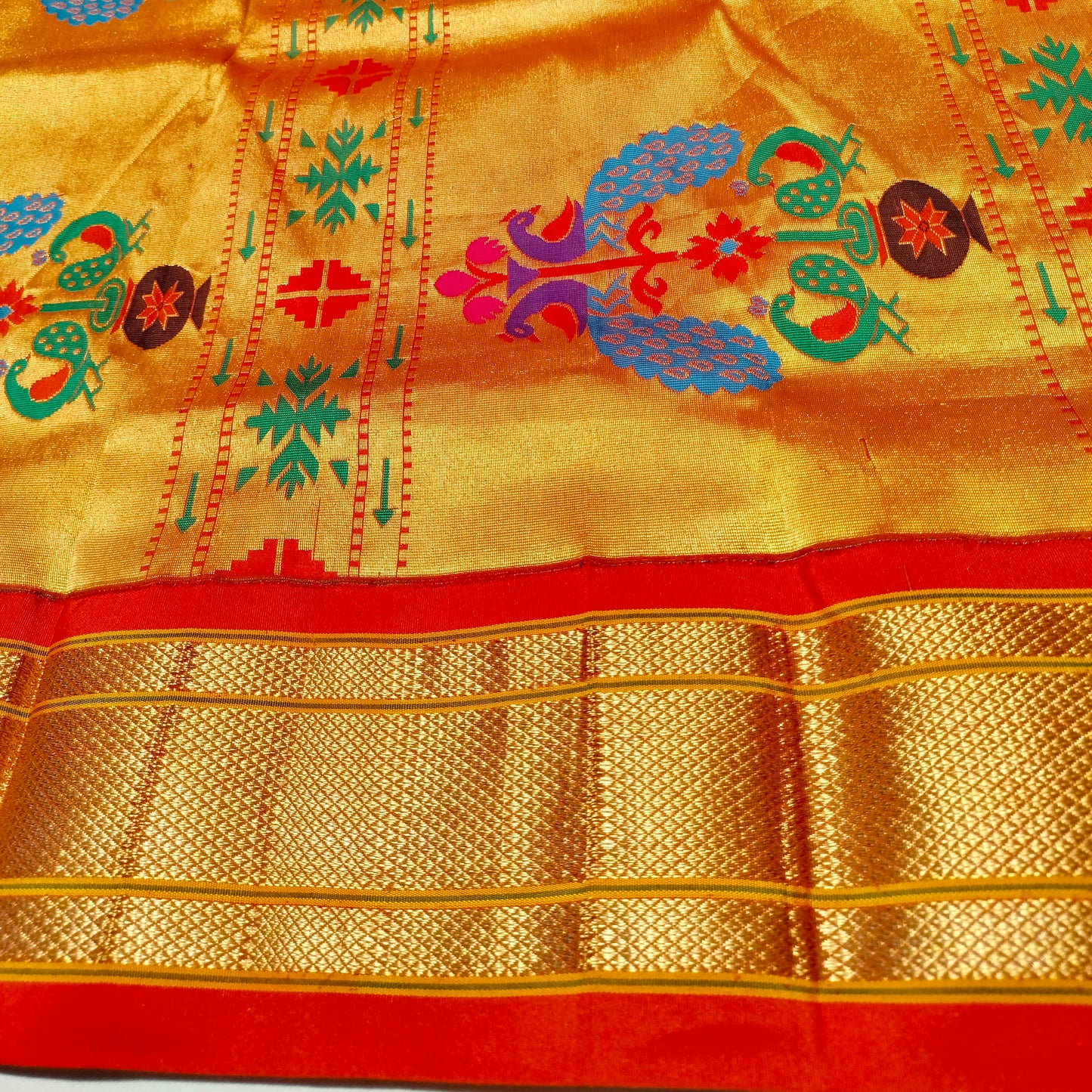 Paithani Pure Silk Green With Orange Red