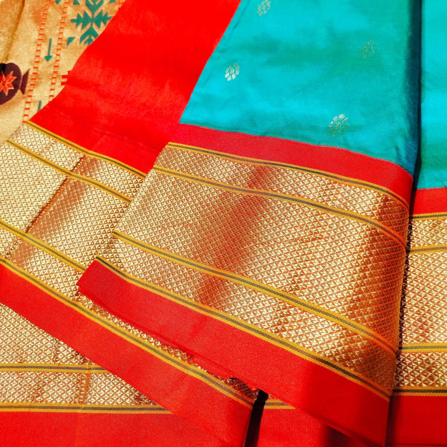 Paithani Pure Silk Light Green With Orange Red