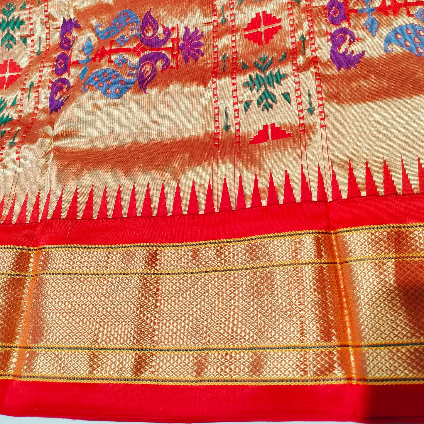 Paithani Pure Silk Bottle Green With Orange Red