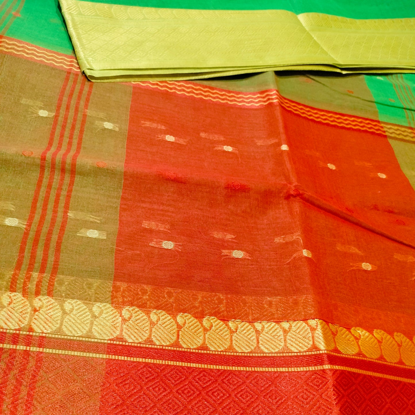 Cotton Handloom Green with Red
