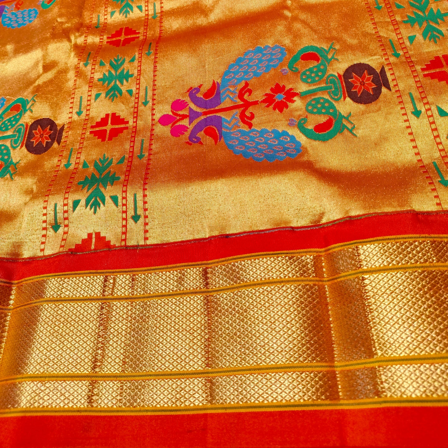 Paithani Pure Silk Dark Violet With Orange Red
