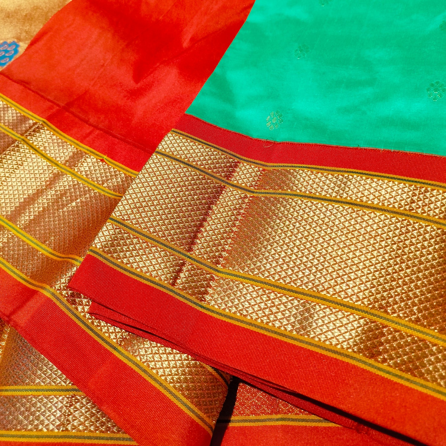 Paithani Pure Silk Green With Orange Red