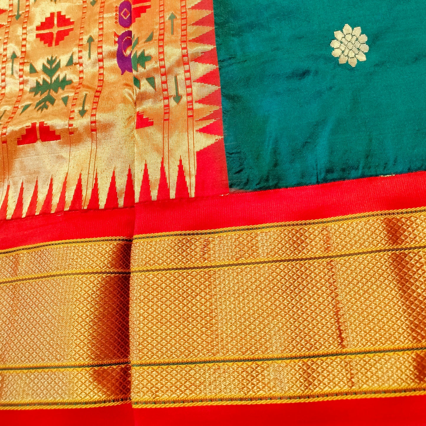 Paithani Pure Silk Bottle Green With Orange Red