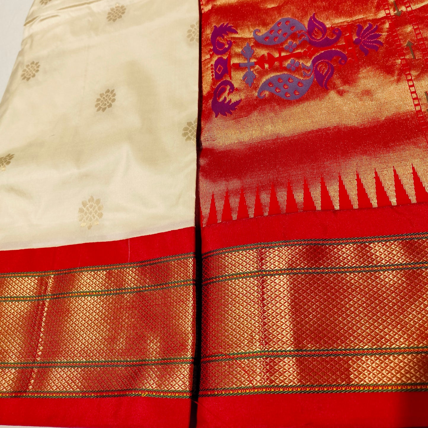 Paithani Pure Silk White With Orange Red