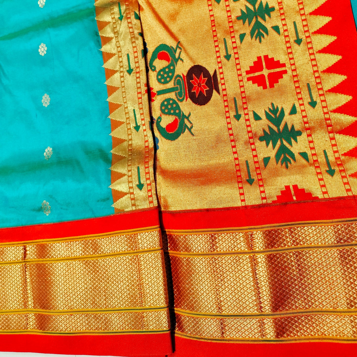 Paithani Pure Silk Light Green With Orange Red