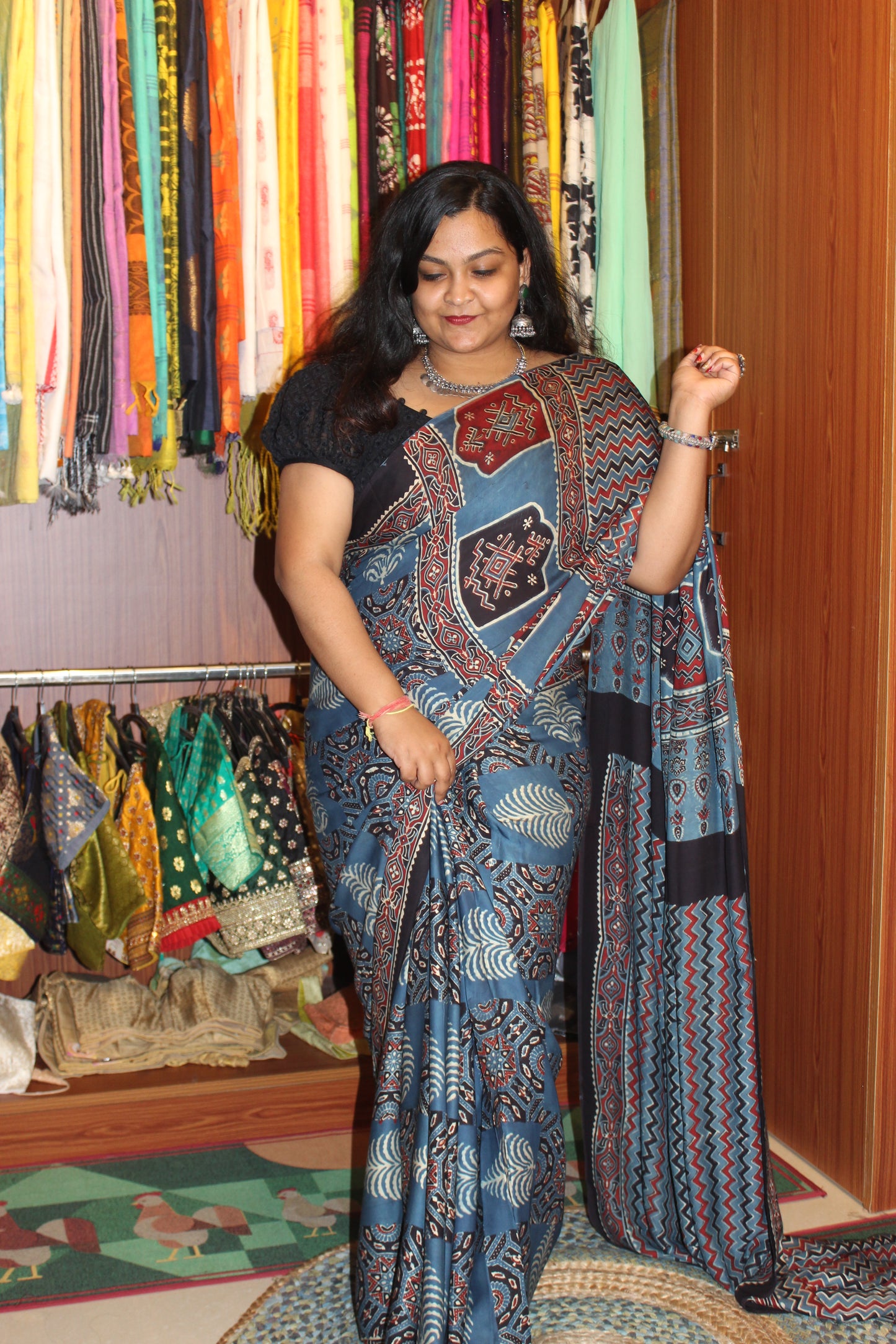 Ajrakh Modal Silk Saree Blue Indigo