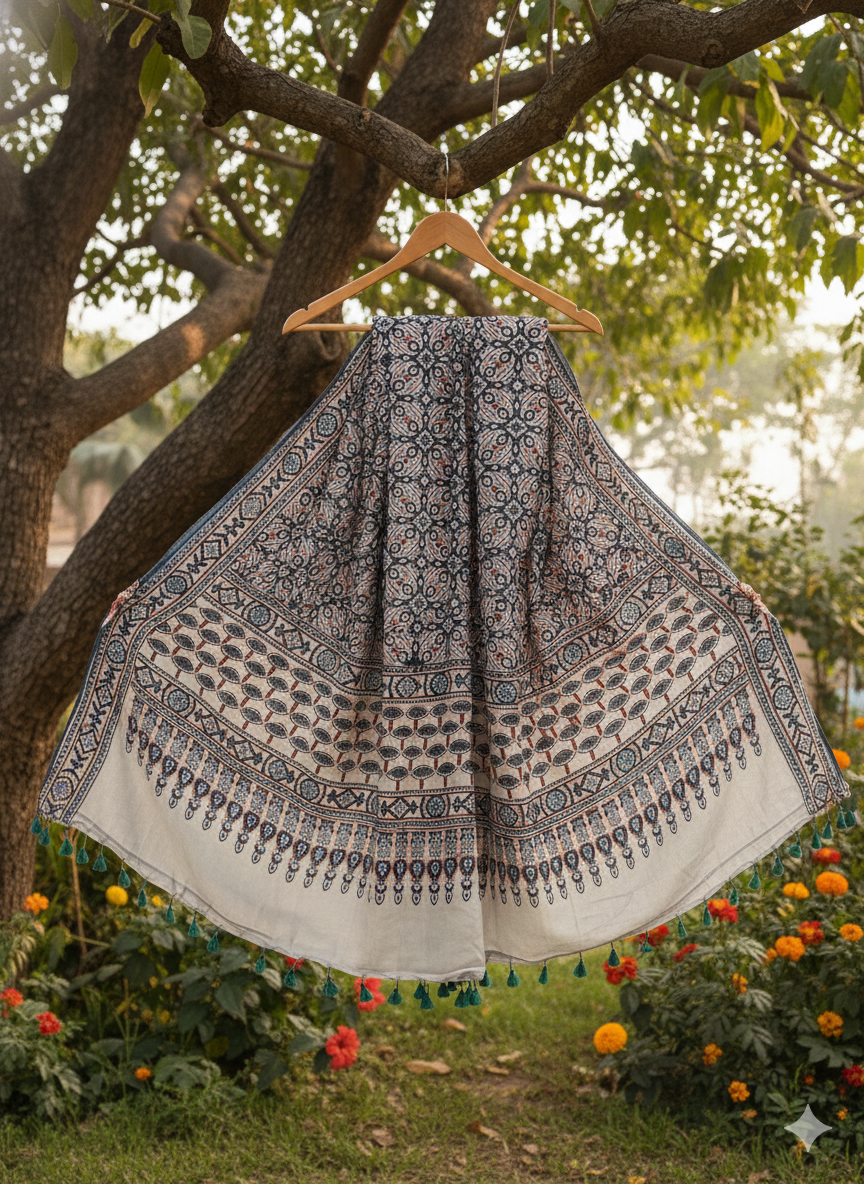 Handcrafted Ajrakh Modal silk Dupatta - Authentic Block Prints
