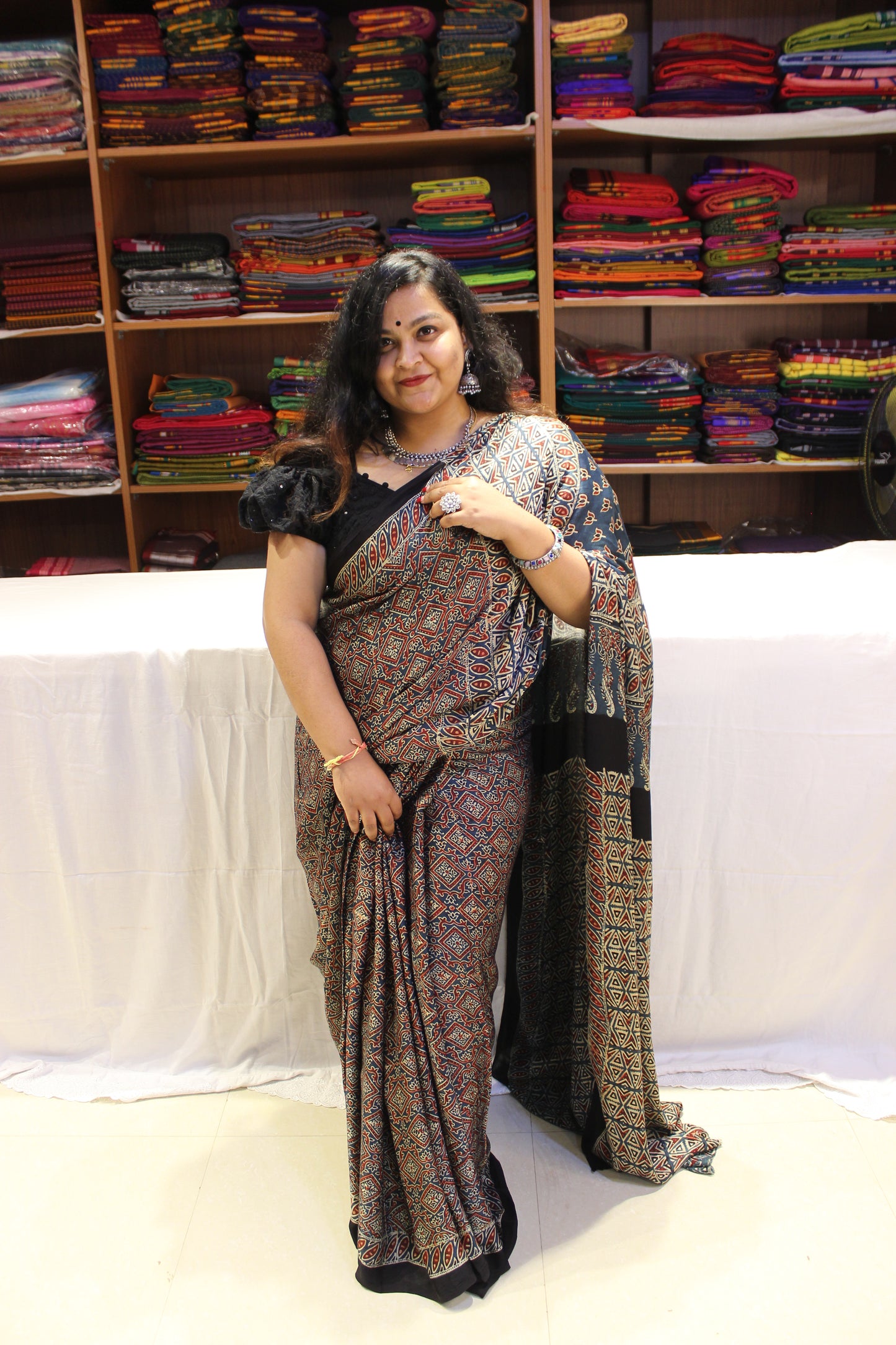 Ajrakh Modal Silk Saree black with Indigo