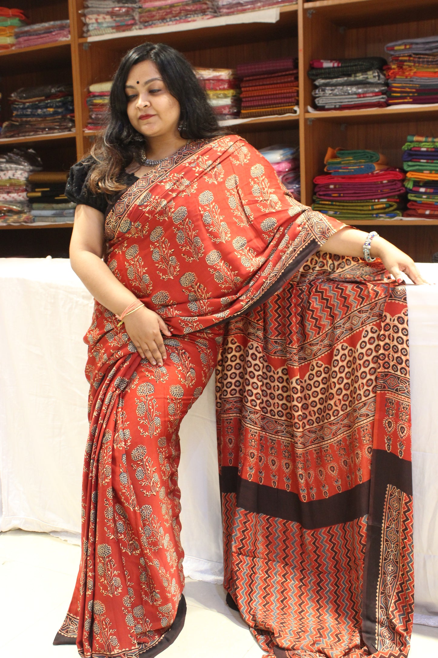 Ajrakh Modal Silk Sarees Brick Red