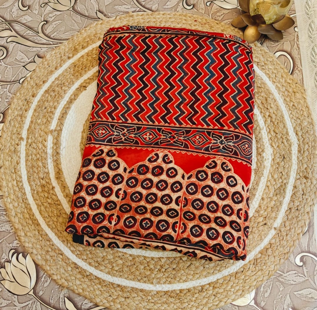 Ajrakh Modal Silk Saree Brick Red