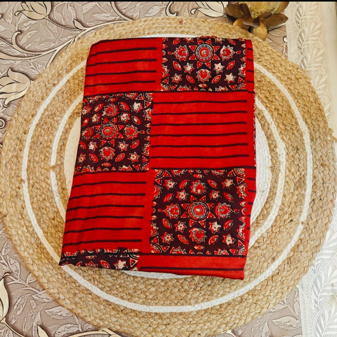 Ajrakh Modal Silk Saree Brick Red
