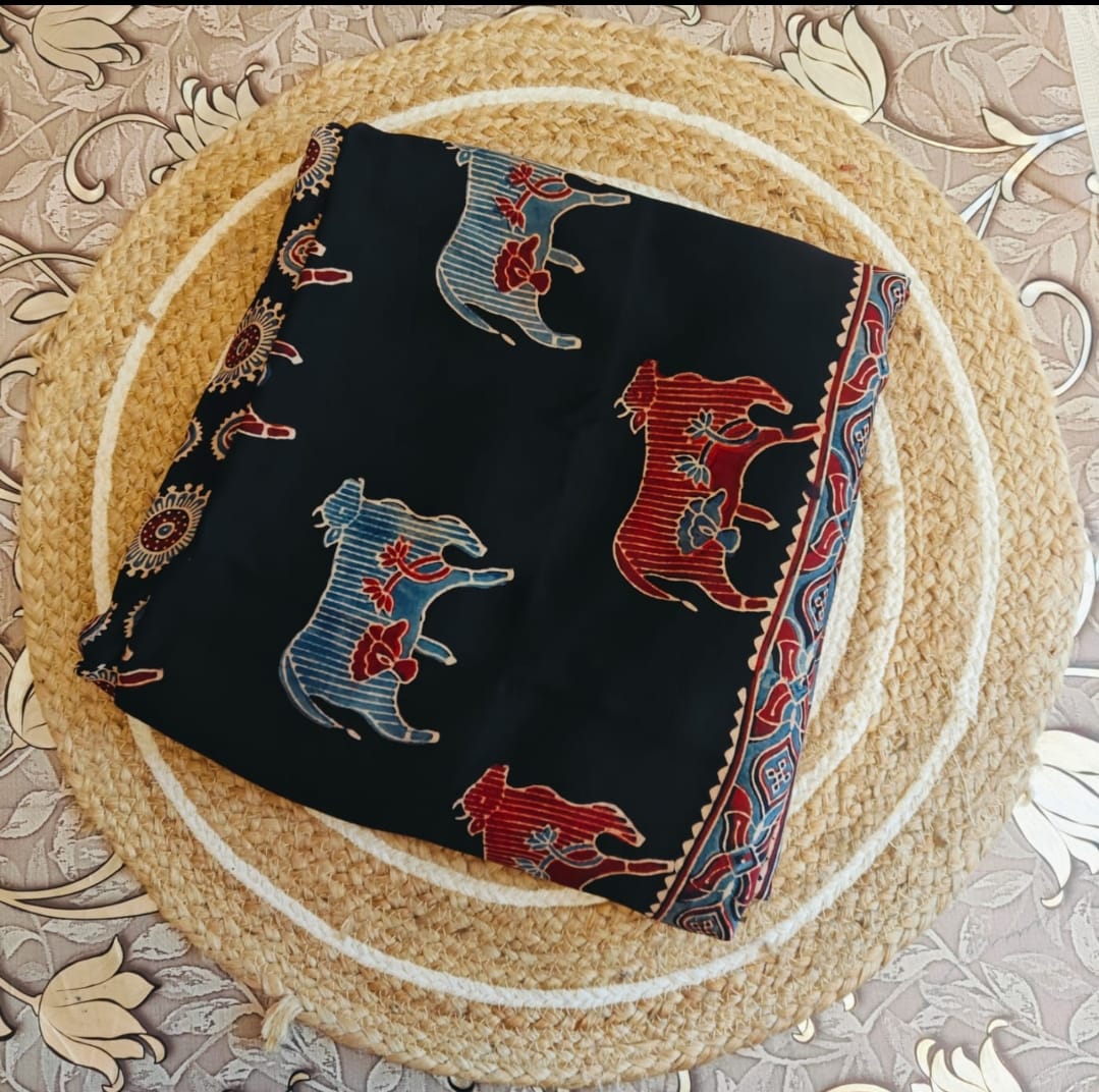 Ajrakh Modal Silk Saree Black