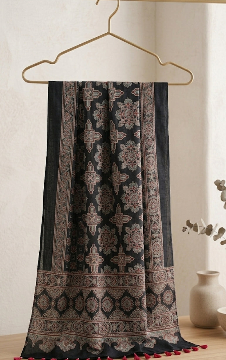 Handcrafted Ajrakh Modal Silk Dupatta - Authentic Block Prints.
