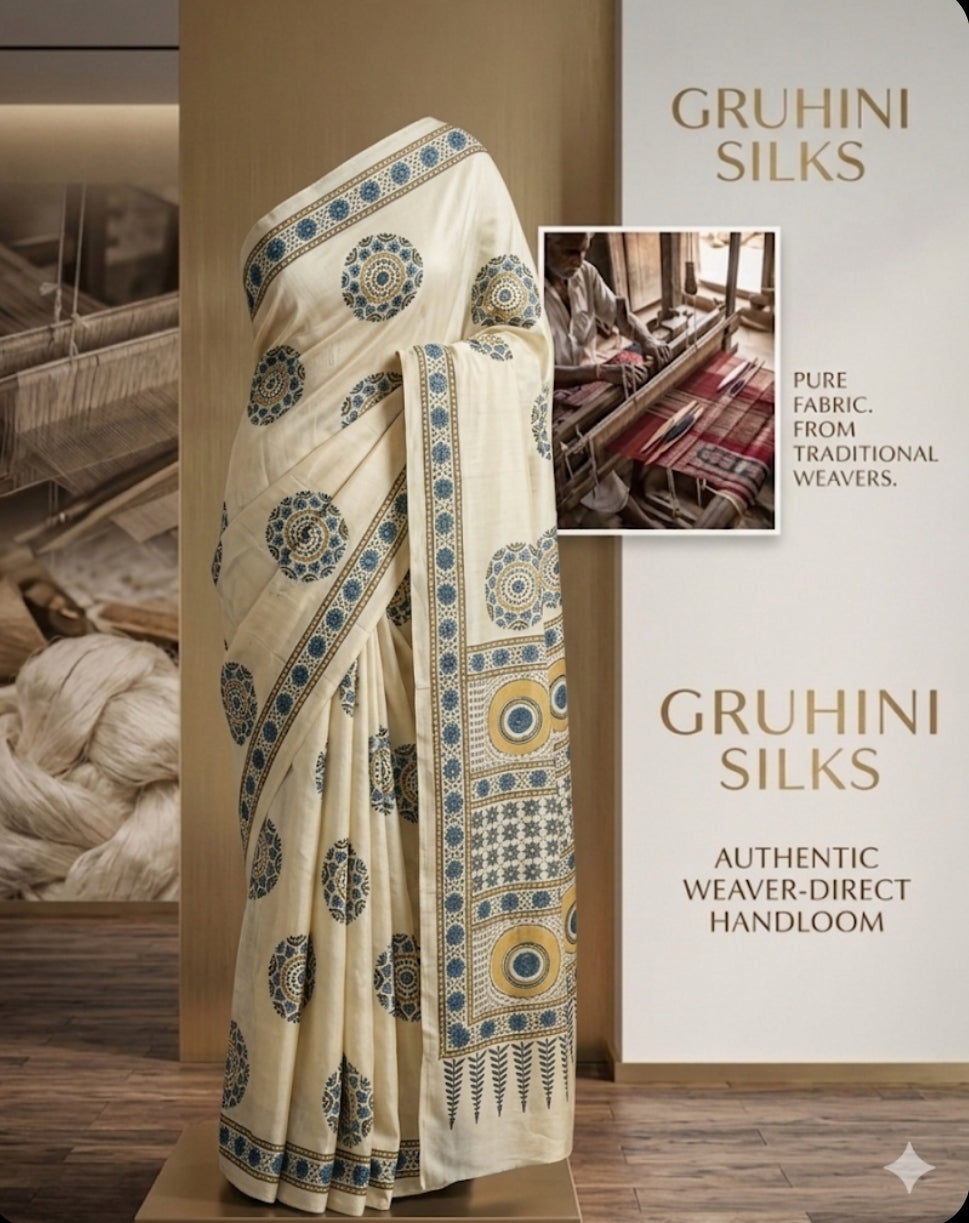 Ajrakh Modal Silk Saree Cream