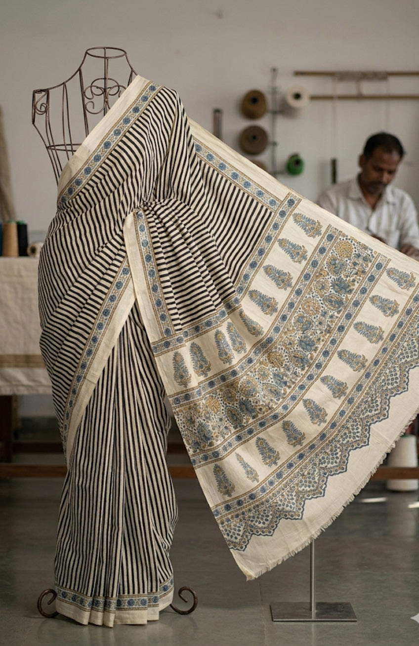 Ajrakh Modal Silk Saree Cream Black Stripe
