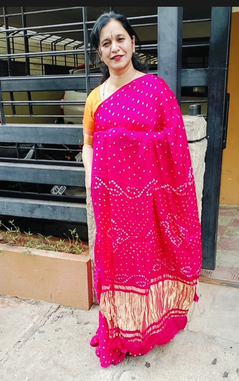 Bandhej Modal Silk Saree Manjenta