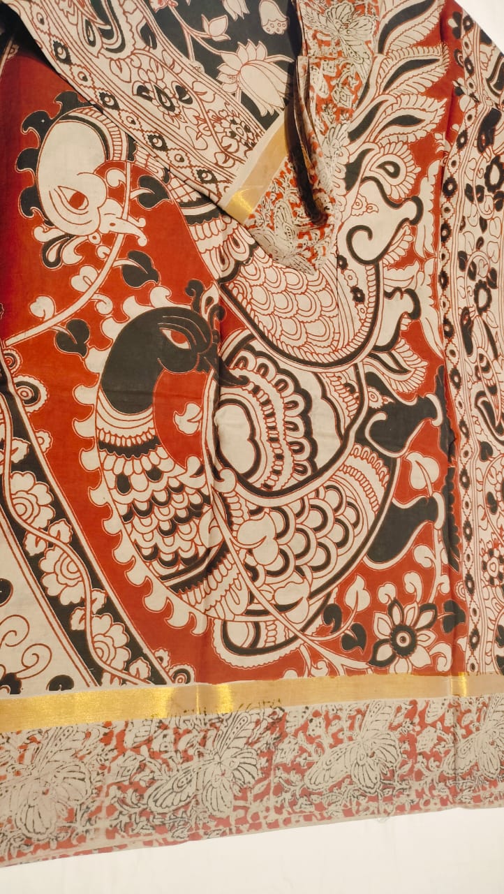 Kalamkari Mangalgiri Silk Khadi Saree – Handcrafted Elegance | Gruhini Silks