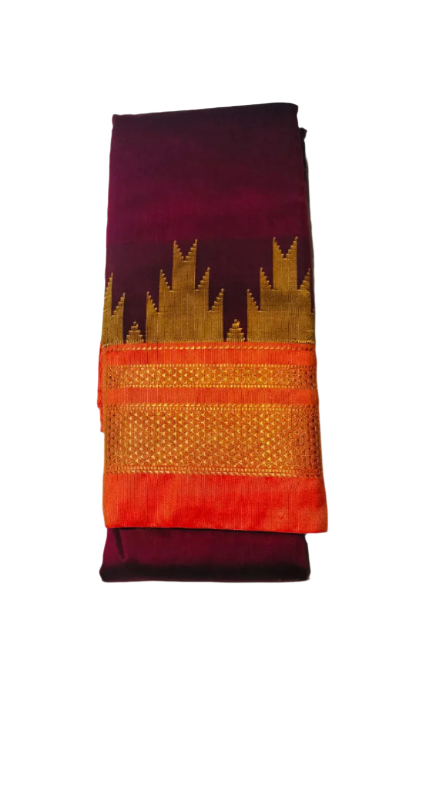Ilkal Cotton Silk Saree with Temple Border Maroon with Orange | Gruhini Silks
