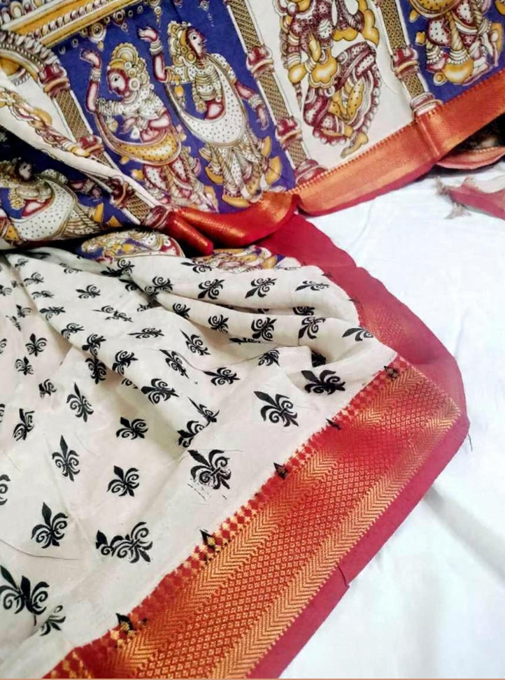 Kalamkari Mangalagiri Pattu Saree with Contrast Blouse & Nizam Border