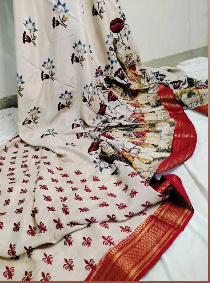 Kalamkari Mangalagiri Pattu Saree with Contrast Blouse & Nizam Border
