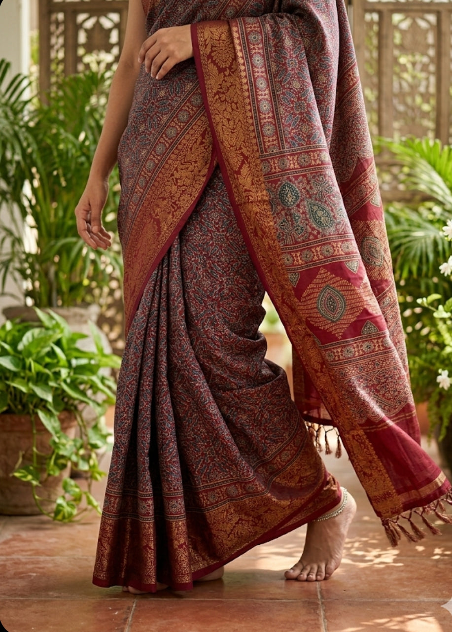 Buy Ajrakh Modal Silk Saree with Lagdi Pallu | Handloom Block Print Saree Online