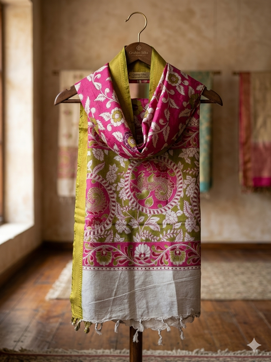 Nizam Border Kalamkari Dupattas – Pink