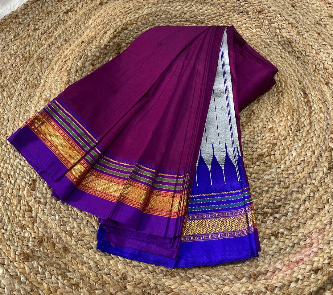 Pure Handloom Cotton Saree with Pure Silk Border Purple with Blue