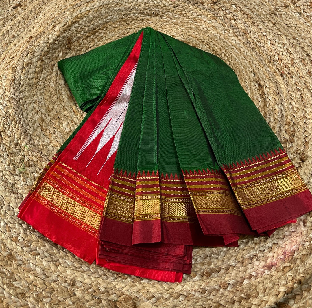 Pure Handloom Cotton Saree with Pure Silk Border Green with Maroon Red pallu