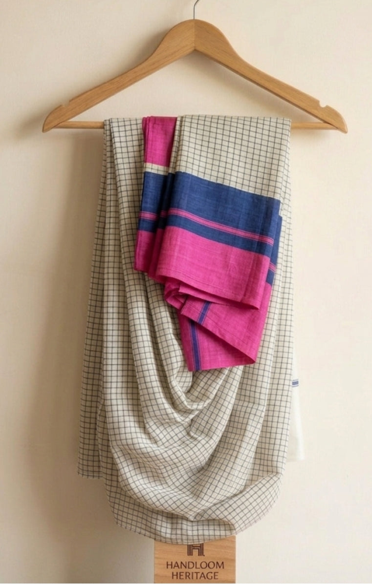 Pure Cotton Patteda Anchu Saree in Cream with Ganga Jamuna Border