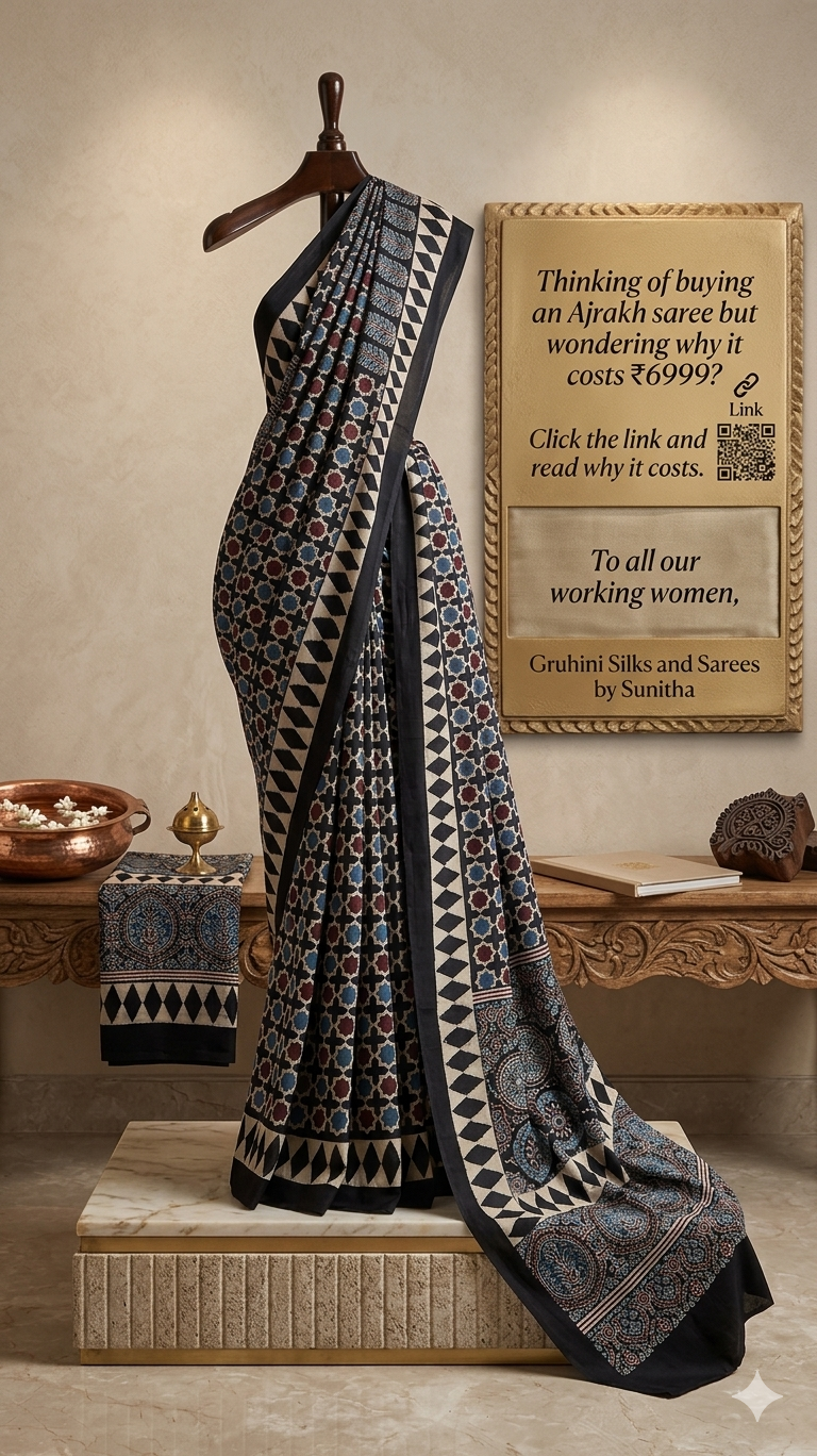 How to Identify an Authentic Ajrakh Saree | Gruhini Silks Meta Description