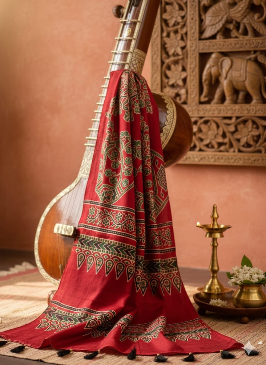 “Gruhini Silks: Ajrakh Modal Silk Dupatta – Heritage, Elegance & Who Should Wear It”