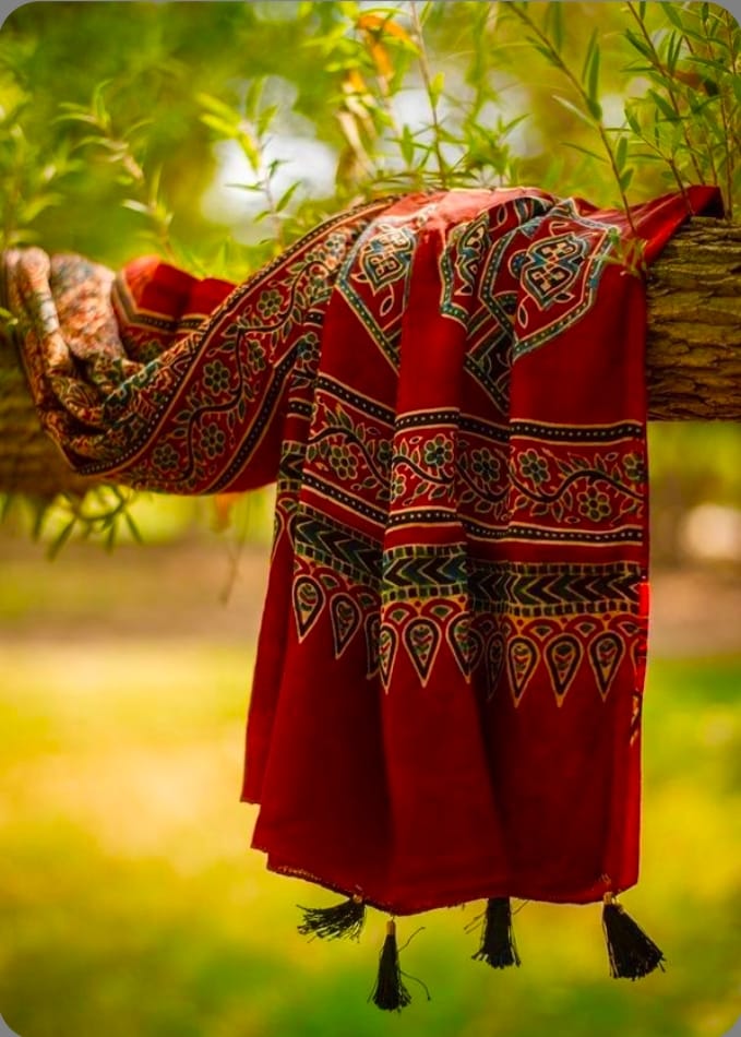 Ajrakh Modal Pure Silk, Handblock vegetable dye