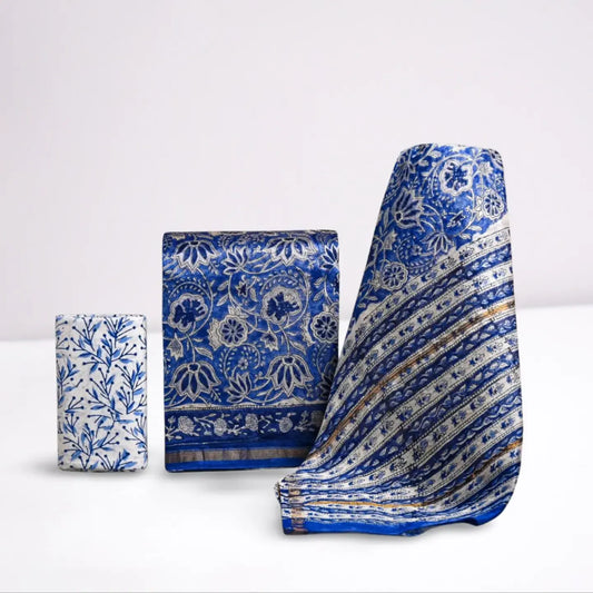 CHANDERI COTTON SILK SALWAR SUIT BLUE & WHITE
