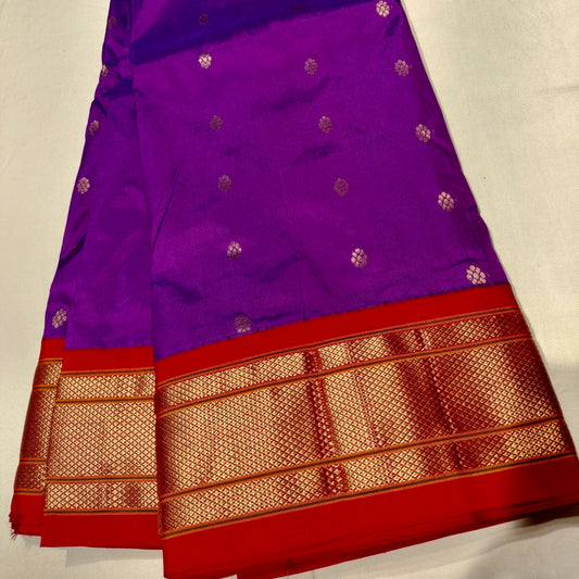 Paithani Pure Silk Dark Violet With Orange Red
