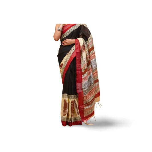 LINEN COTTON SILK SAREE BLACK WITH MAROON