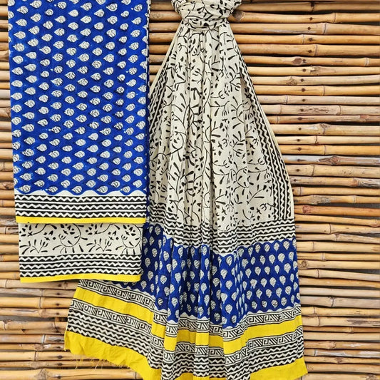 Handblock Print Cotton Suit Materials Blue with Yellow