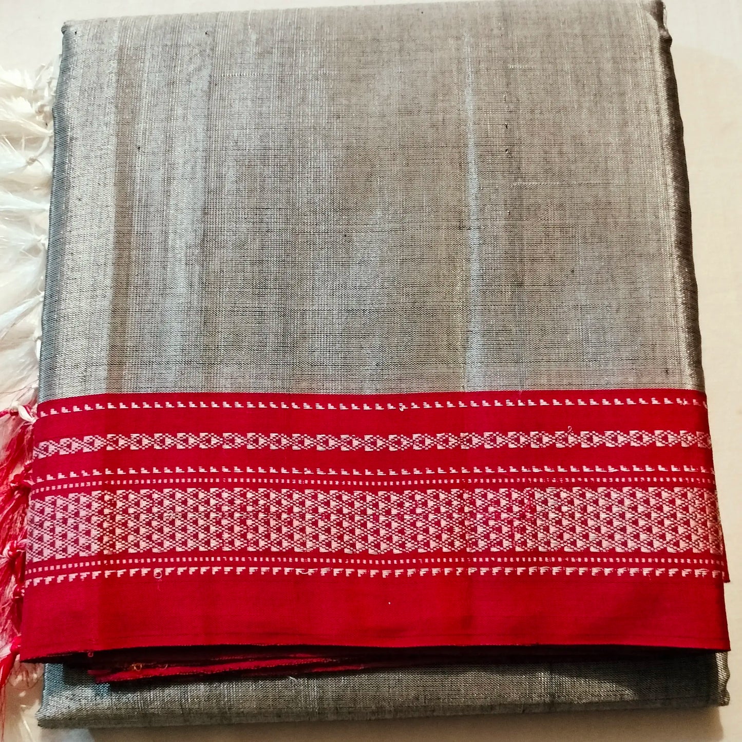 Ilkal Satin Silk Silver Red Border